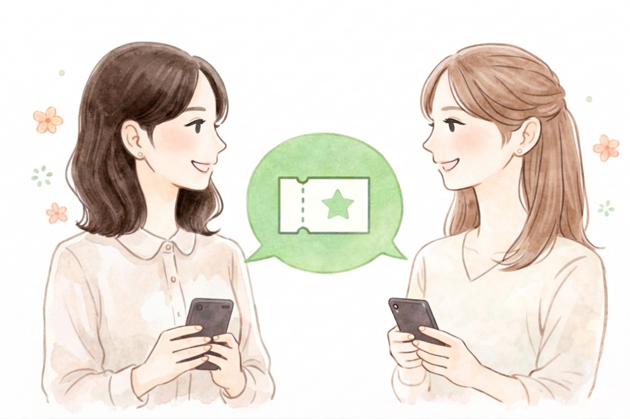 LINEのクーポン案内メッセージ画面。今すぐ確認ボタンが表示されている