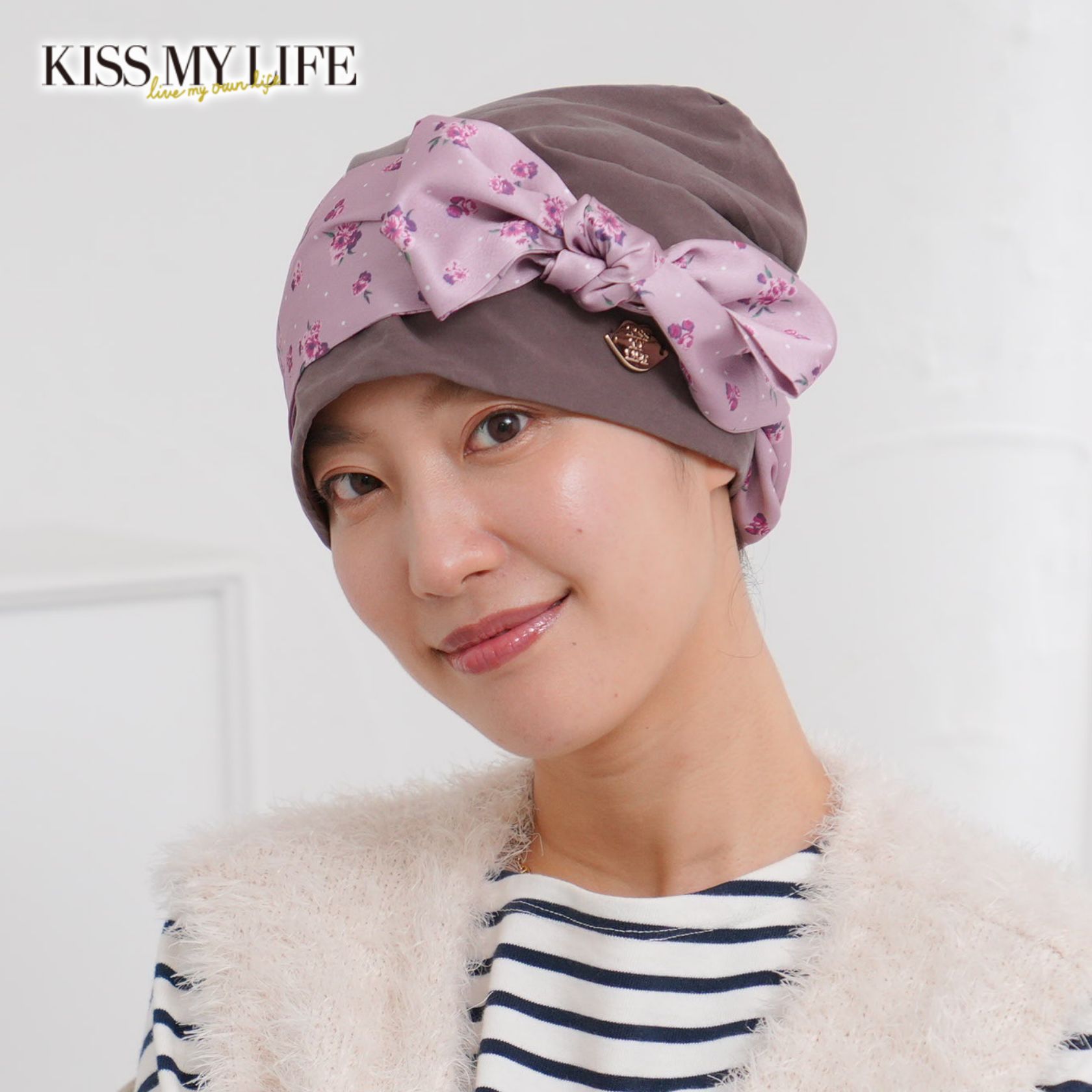 医療用帽子(ケア帽子) -Audrey LUXE- スカーフタイプ/ ハートプッチ柄