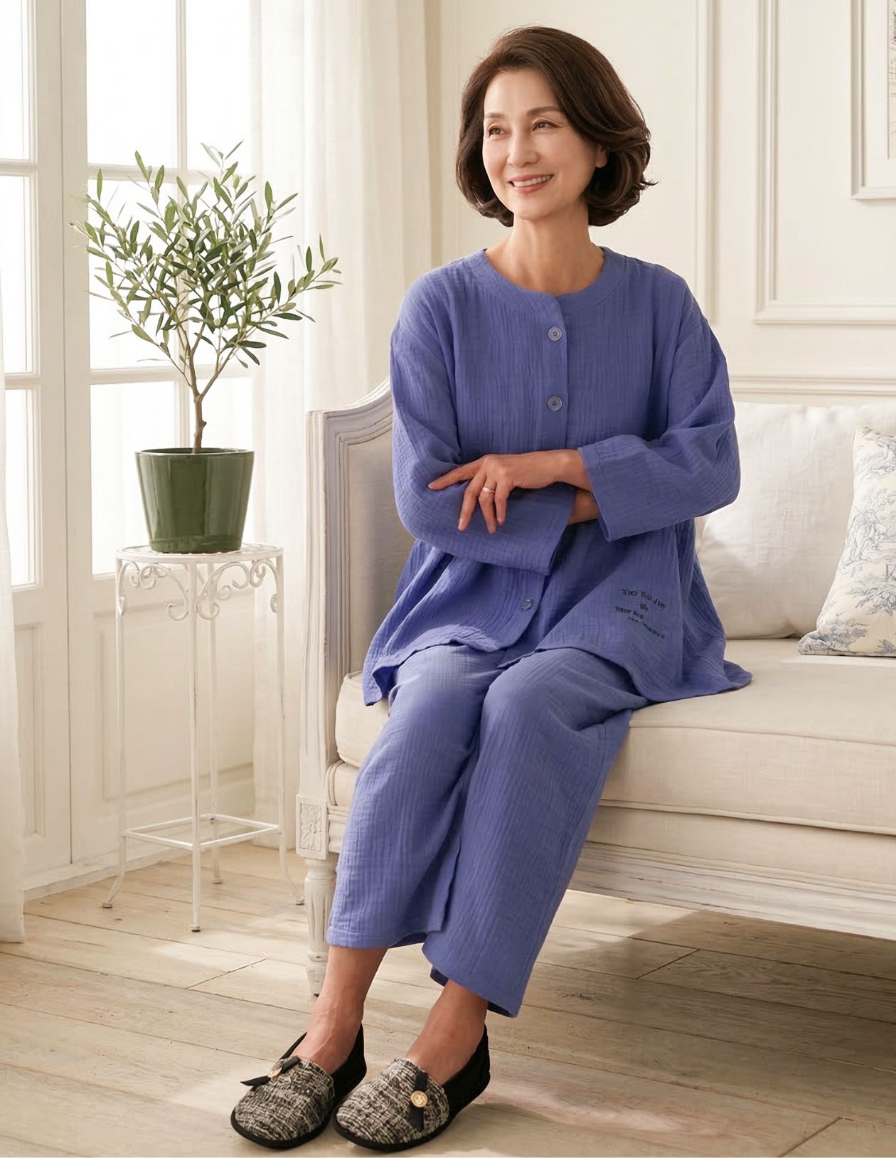 Wガーゼ レディース 前開きパジャマ 介護用パジャマ