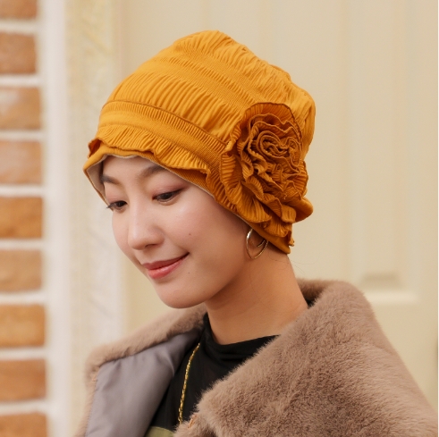 医療用帽子(ケア帽子) -Jean- ニットタイプ /プリーツ巻きコサージュ